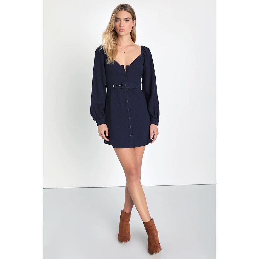 ✨Lulus Ideal Impression Navy Blue Balloon Sleeve Mini Sz Medium Dress✨